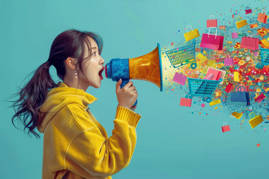 Performance Marketing คืออะไร? Woman With Megaphone Her Hand Words Word Gift Bottom 3 1024x683